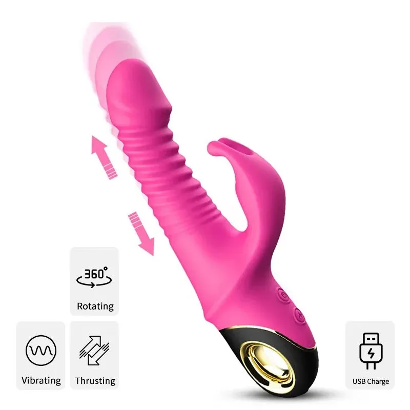 Pink 9 Frequencies Thrusting Rotating Rabbit Vibrator - Image 1