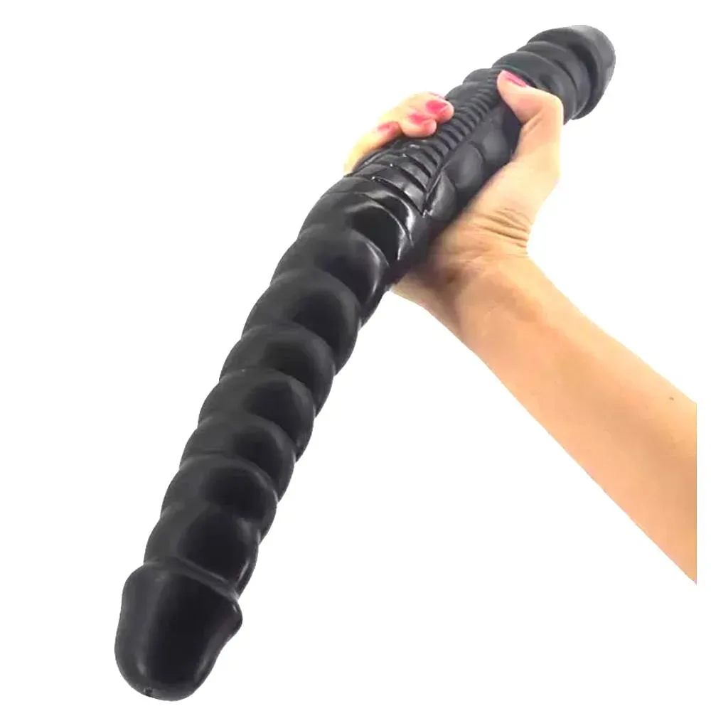 a7c6bcfc12fdb310 16.5 Inch Black Ribbed Double Ended PVC Dildo