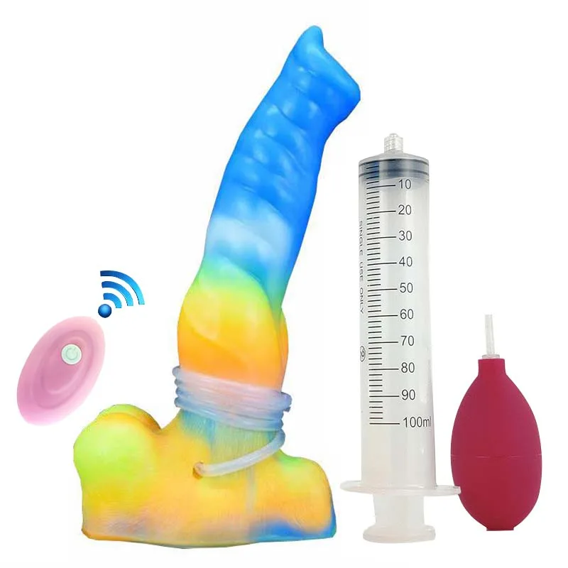 vibrating squirting dog dildo 10 Inch Ejaculating Vibrating Dog Dildo With Balls Luminous Squirting Animal Penis - Image 1