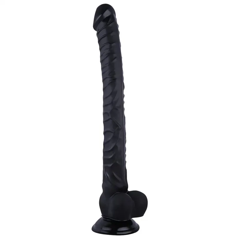 16 IN Long Thin Textured PVC Dildo Black/Skin Tone - Image 1