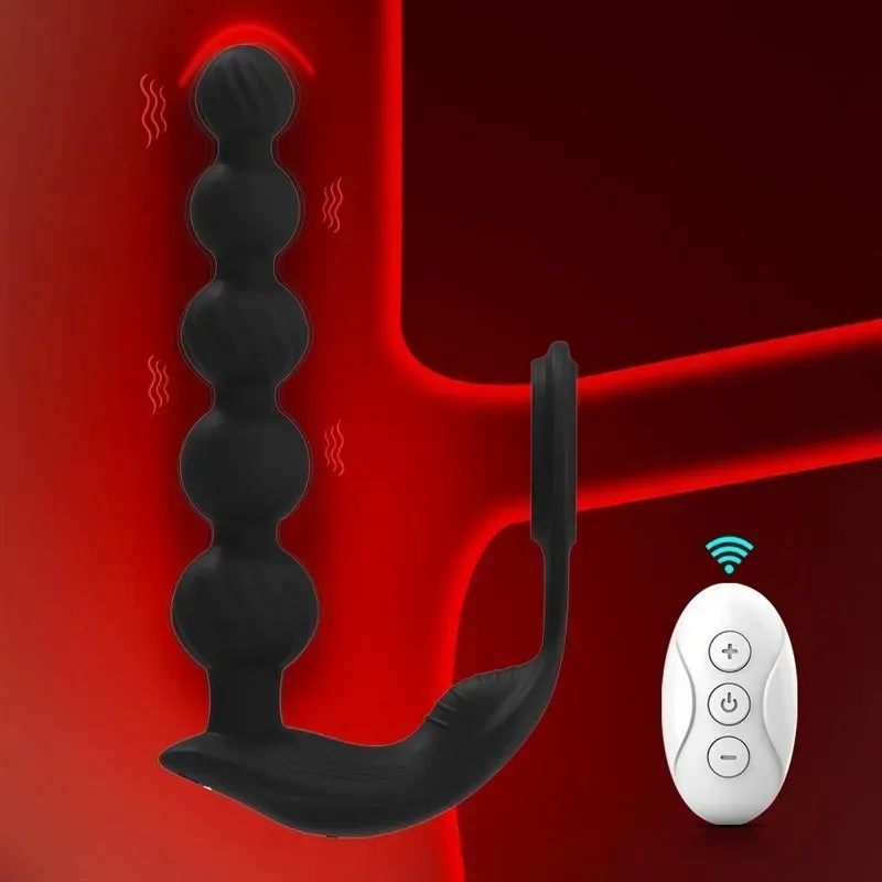 Remote Control Silicone Men Vibrating Anal Beads with Penis Ring 1 Remote Control Silicone Men Vibrating Anal Beads with Penis Ring 1