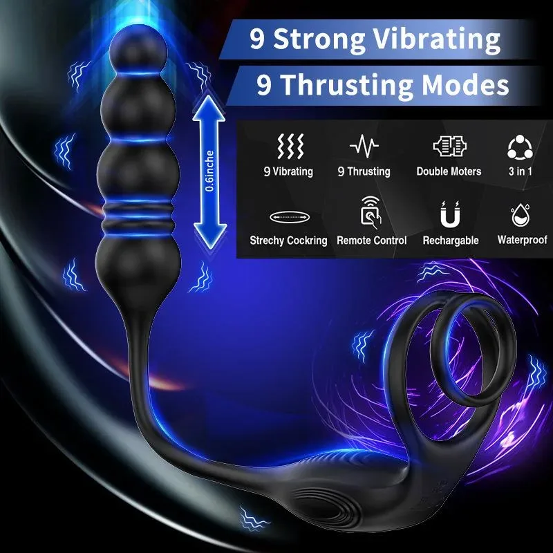 Thrusting Beaded Men Prostate Massager with Cock Ring 1 Thrusting Beaded Men Prostate Massager with Cock Ring 1